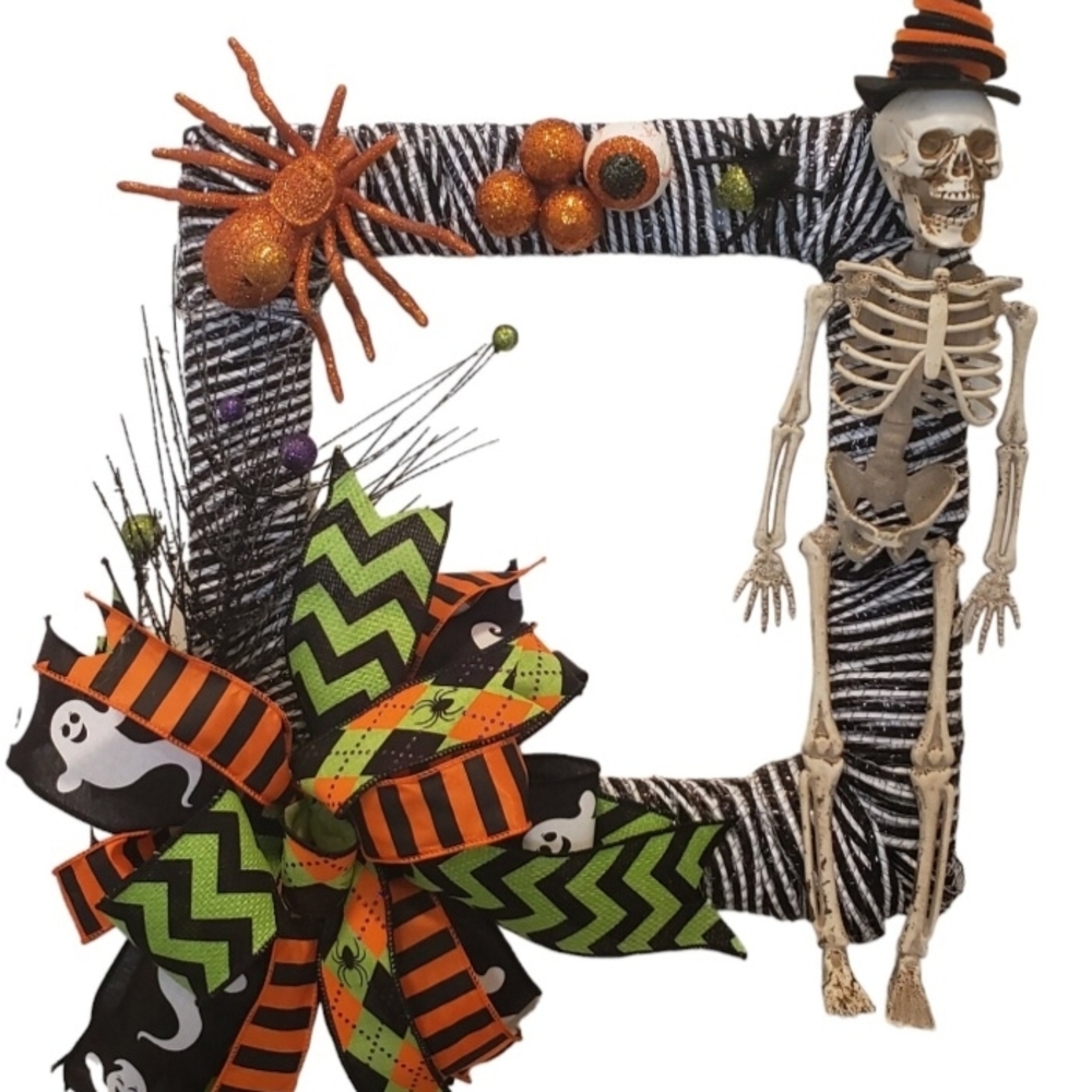Halloween Skeleton Wreath with Bow